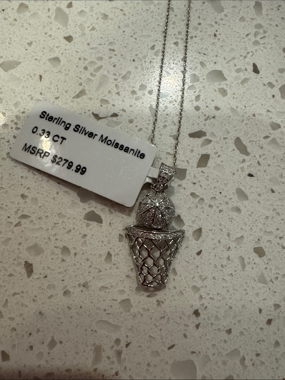 Sterling Silver Moissanite Basketball & Net Pendant Necklace - Silver GREAT GIFT